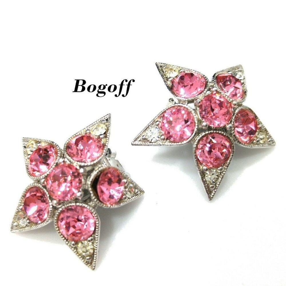 Vintage Bogoff Pink Rhinestone Flower Earrings, Rhodium Plated Clips, Bent Petal